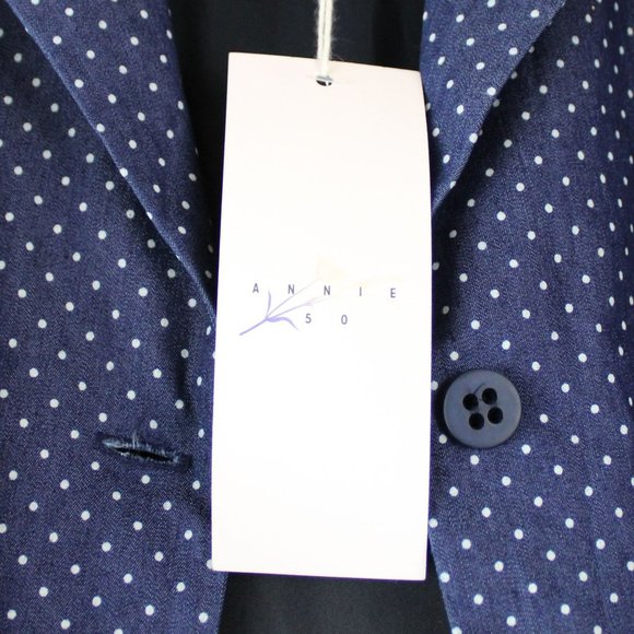 Annie 50 Cotton Dress Button Down Fit and Flare XS Navy Blue White Polka Dot D93 - Picture 9 of 12
